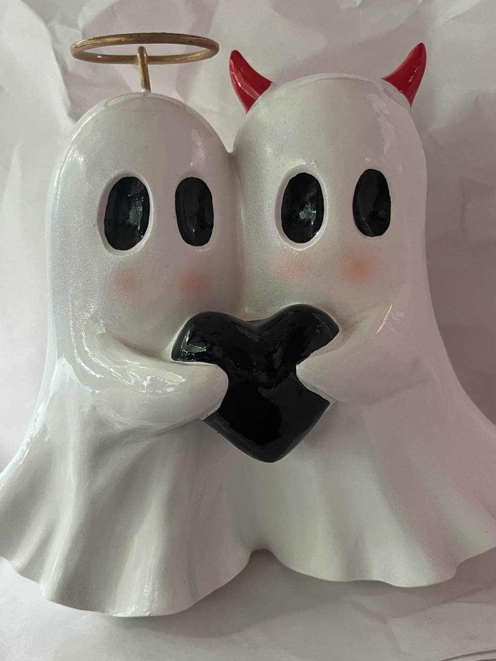 White Ghost Couple Figurine with Black Heart and Red Horn Accent